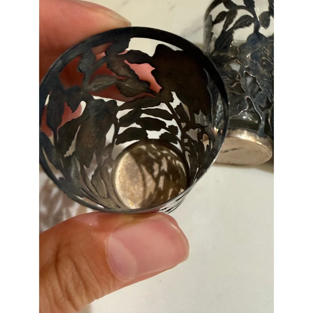 Vintage Mexican Sterling Silver Cordial Shot Glass Set 4 Floral Overlay Rose